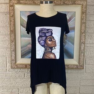 Black Women's Graphic Tunic Top with Purple Accent